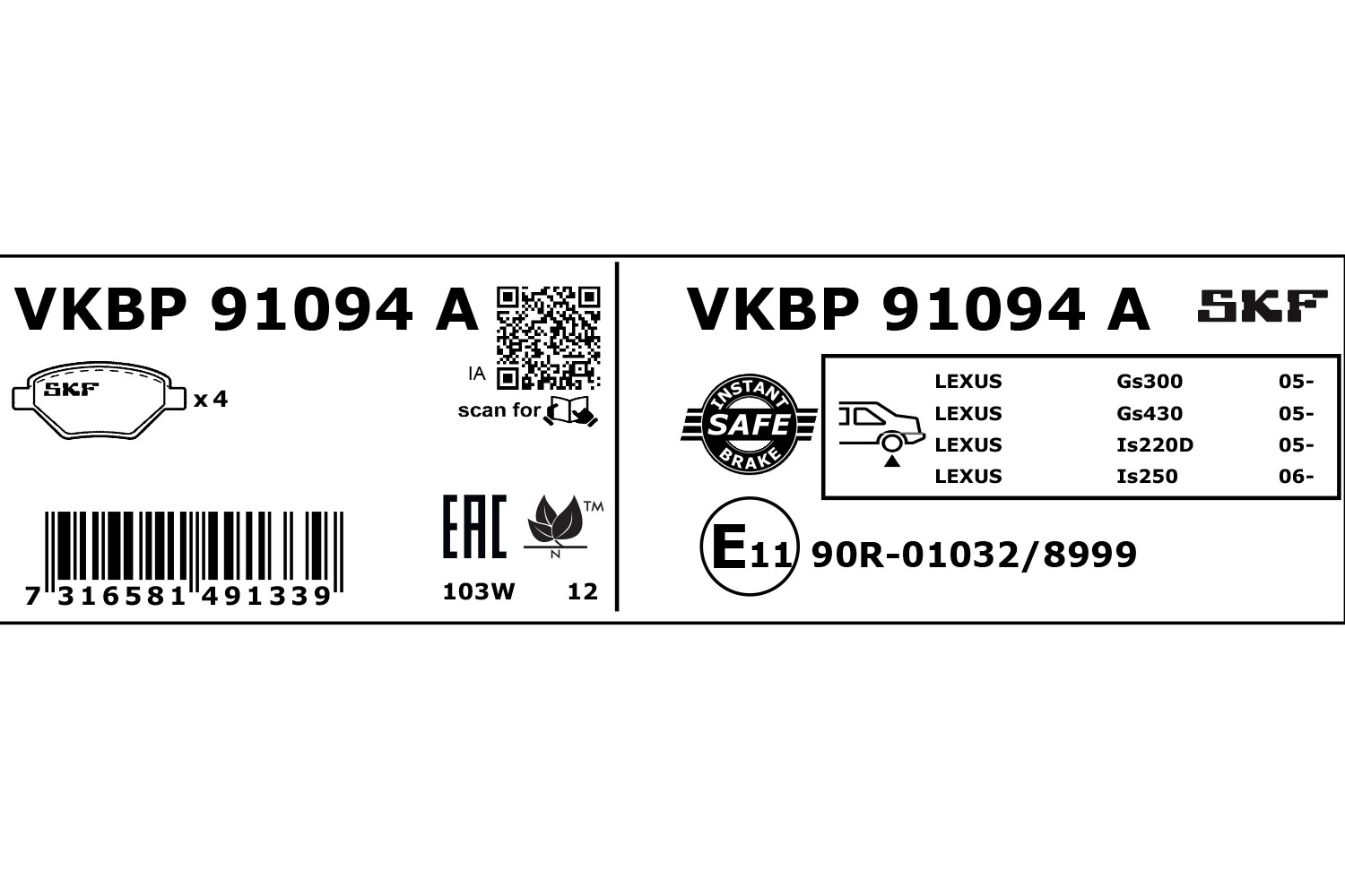 SKF VKBP 91094 A Bremsbelagsatz, Scheibenbremse